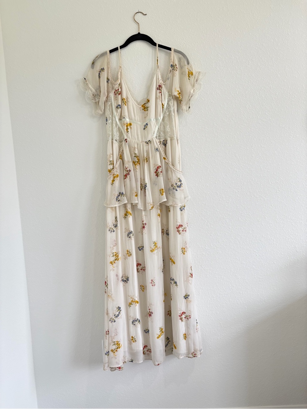 Urban Outfitters Ivory Floral Tie-Shoulder Tiered Maxi Dress